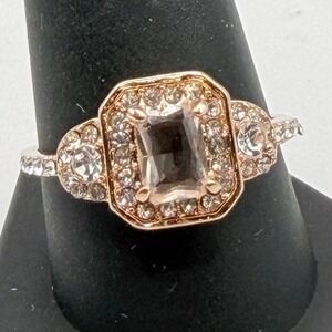 Rose Gold Tone Halo Ring Peach‎ Glass Stone Stainless Steel Size 10.5